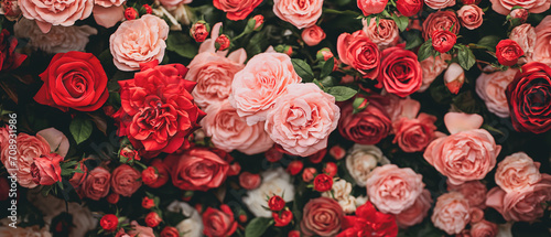Fototapeta Naklejka Na Ścianę i Meble -  Natural fresh red roses flowers pattern wallpaper. top view, Red rose flower wall background.