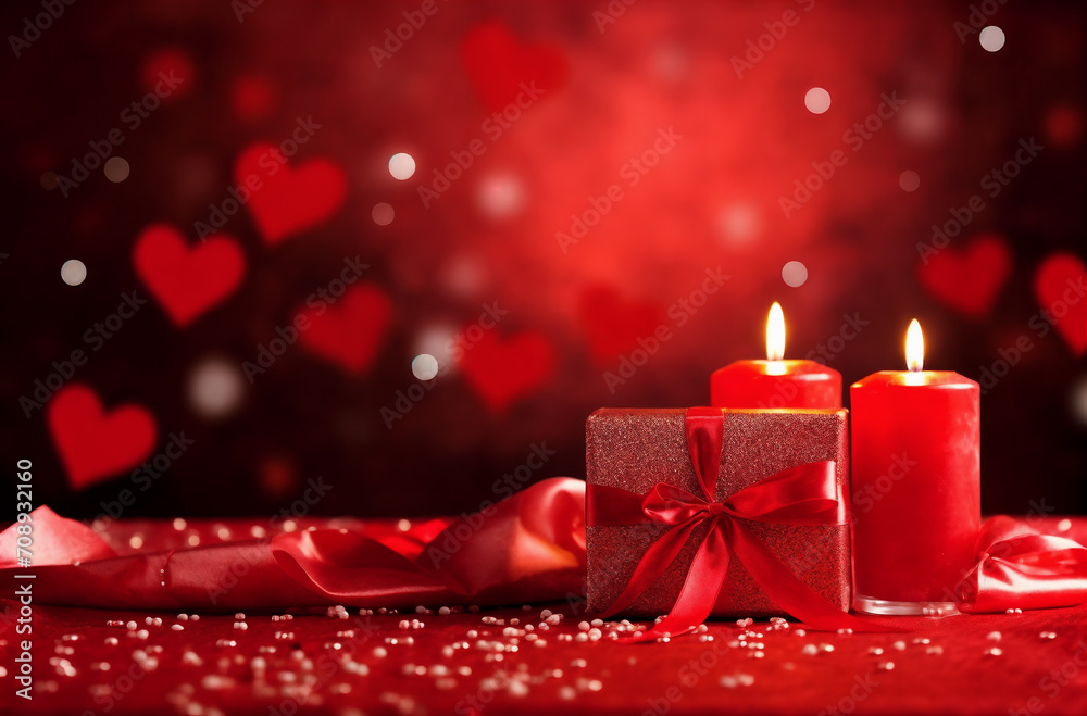 two red candles with a red bow and a red background with hearts and stars in the air and a red box with a red ribbon, generative ai