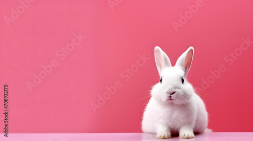 White Rabbit against Pink Background. Easter concept with copy space © Ekaterina