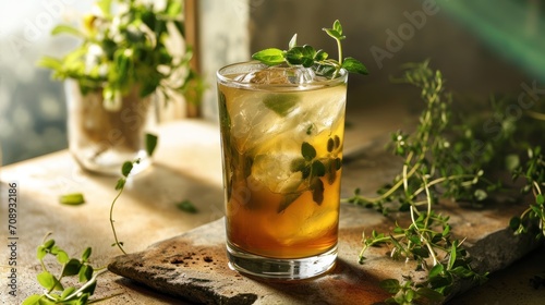  a glass filled with a drink sitting on top of a wooden table next to a potted plant and a vase with green leaves on top of a wooden table.