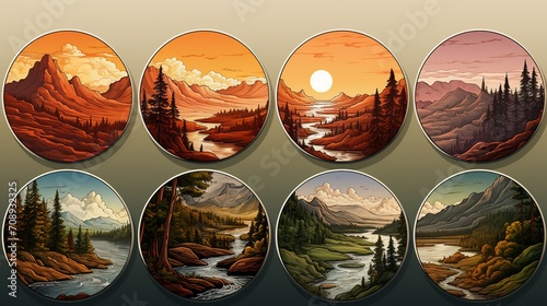 Landscape illustrations in badge format.