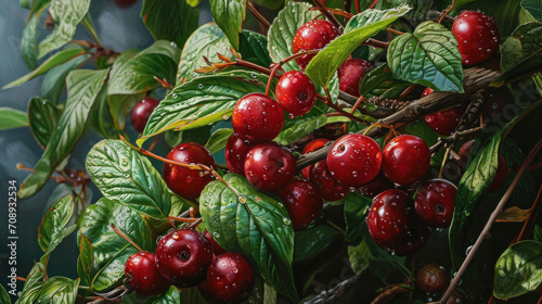  a close up of a bunch of cherries on a tree branch with water droplets on the leaves and the fruit still on the branch, with drops of dew on the leaves.