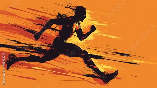  a silhouette of a man running on an orange and yellow background with a splash of paint on the side of the image and the man running in the middle of the picture.