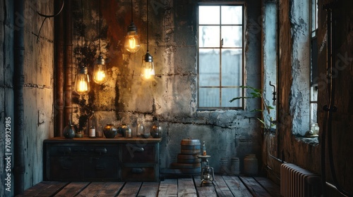  a room with a wooden floor, a window, a table, and several light bulbs hanging from the ceiling and a window sill with a potted plant in the corner.