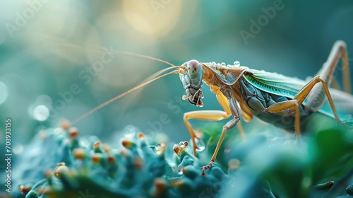  a close - up of a praying mantissa on a plant with drops of water on its body and head, with a blurry background of leaves and boke. © Olga