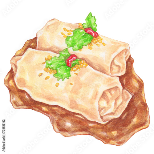 bbq pork rice noodle roll, watercolor asian food design