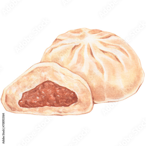 minced pork buns, watercolor asian food design
