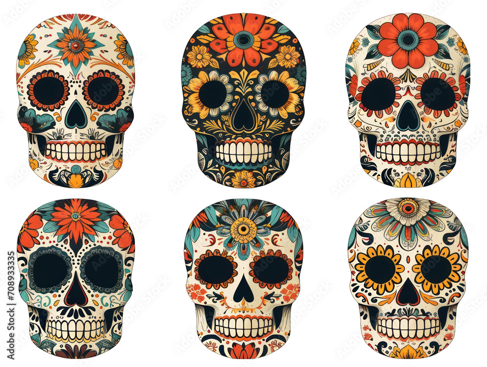 Cinco de Mayo Sugar Skull Set Isolated on Transparent or White Background, PNG Cinco de Mayo Sugar Skull Set Isolated on Transparent or White Background, PNG