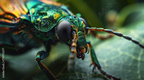  a close up of a colorful insect on a green leaf with a black spot on the center of the insect's body and a black spot in the middle of the insect's eye. © Olga