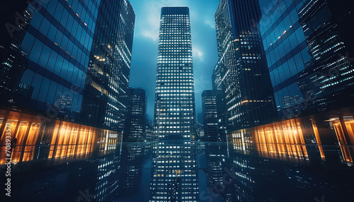 Modern office buildings with vertical architectural lines at night dark sky Generative AI.