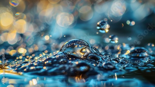  a close up of water droplets on the surface of a body of water with a blurry background of blue, yellow, and green hued hued hues.