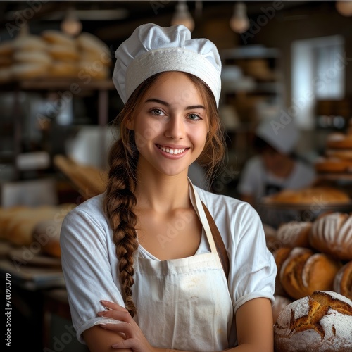 A Smiling female baker in the bakery kitchen. Generative AI.