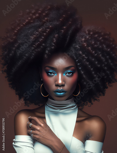 Fashion studio portrait of a glamorous and beautiful african top model with natural afro hair, bold makeup and a white top. Diverse beauty. 3d illustration 