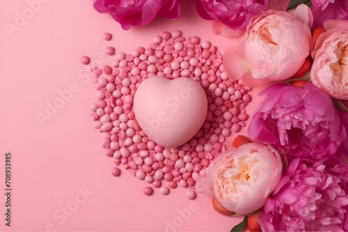 Women s Day concept. Top view photo of white circle pink peony rose and heart shaped sprinkles on isolated pastel pink background with copy space