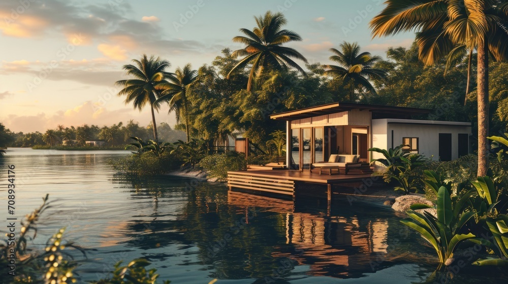  a house sitting on the edge of a body of water surrounded by palm trees and a dock with a lounge chair on the end of the dock in front of the house.