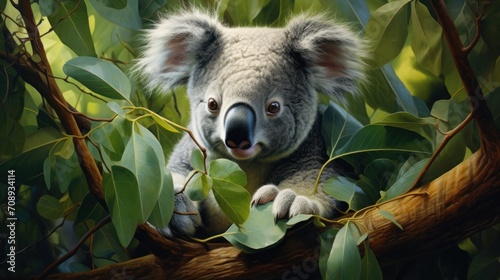  a painting of a koala sitting on a tree branch with leaves around it's neck and eyes wide open, with its mouth wide open wide wide open. photo