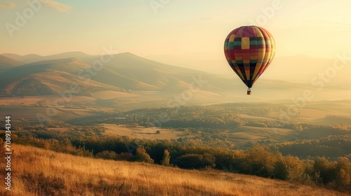  a hot air balloon flying in the sky over a lush green valley with trees and mountains in the background in the distance is a field with yellow grass and brown grass. © Olga