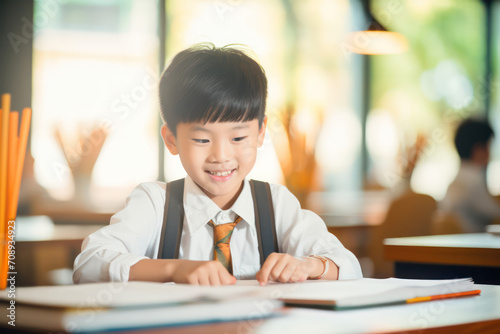 Focused Asian student, A young boy diligently writing in a school textbook, immersed in learning.