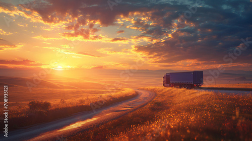 Cargo Truck Driving Through Landscape at Sunset, Evoking the Romance of Road Travel © Saran