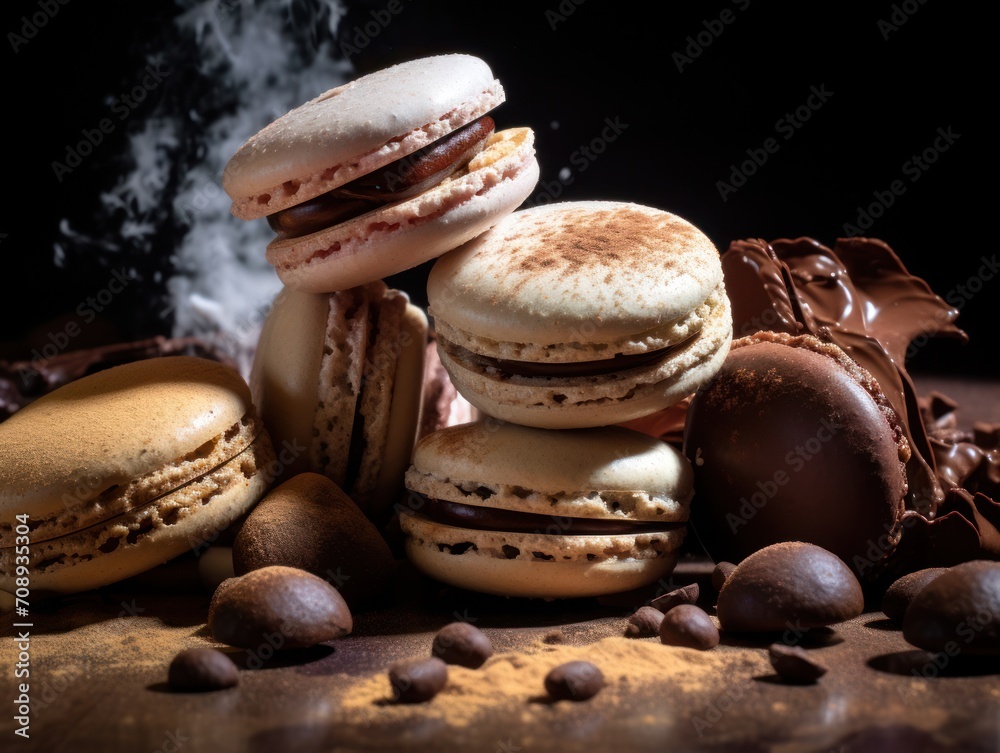  a pile of macaroons sitting on top of a table next to a pile of chocolate covered macaroons on top of a table next to a pile of macaroons.