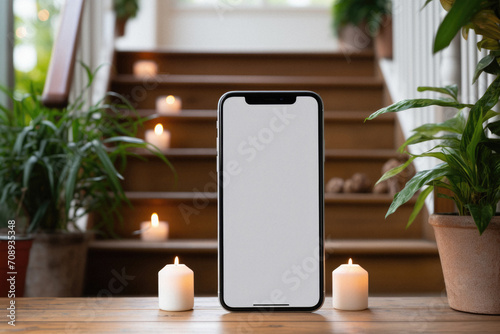 Smartphone mockup with white screen and candles on wooden table in room