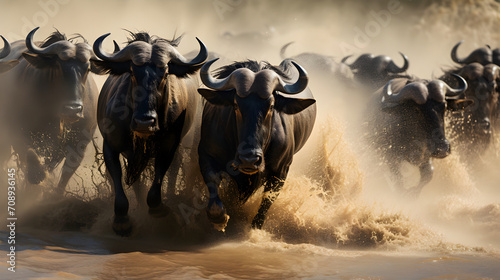 Big herd of wildebeest migrating together