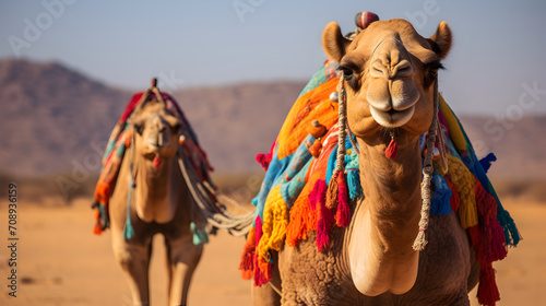 Camel dressed traditionally in the desert of rajasthan