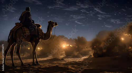 Camel safari in the desert at night