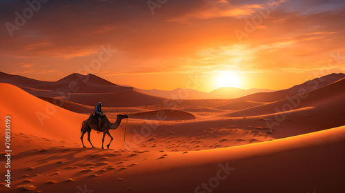 Camel walks in the arabian desert in sunset