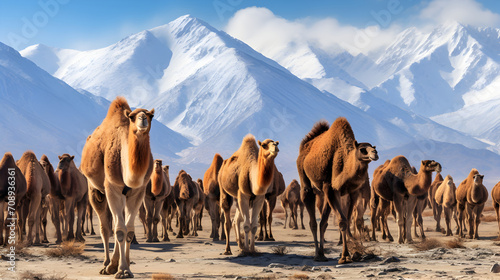 Herd of double hump camels in Nubra valley, ladakh photo