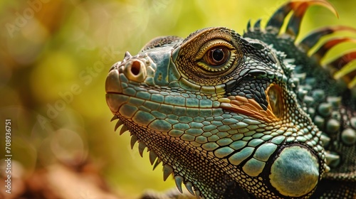  a close up of a green iguana on a branch with blurry leaves in the background and a blurry image of a tree in the foreground.