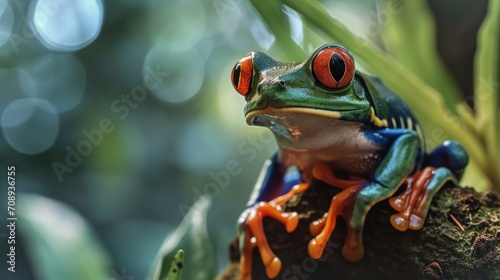  a red eyed frog sitting on top of a green leafy tree branch in front of a blurry background of green leaves and a blurry boke of leaves.