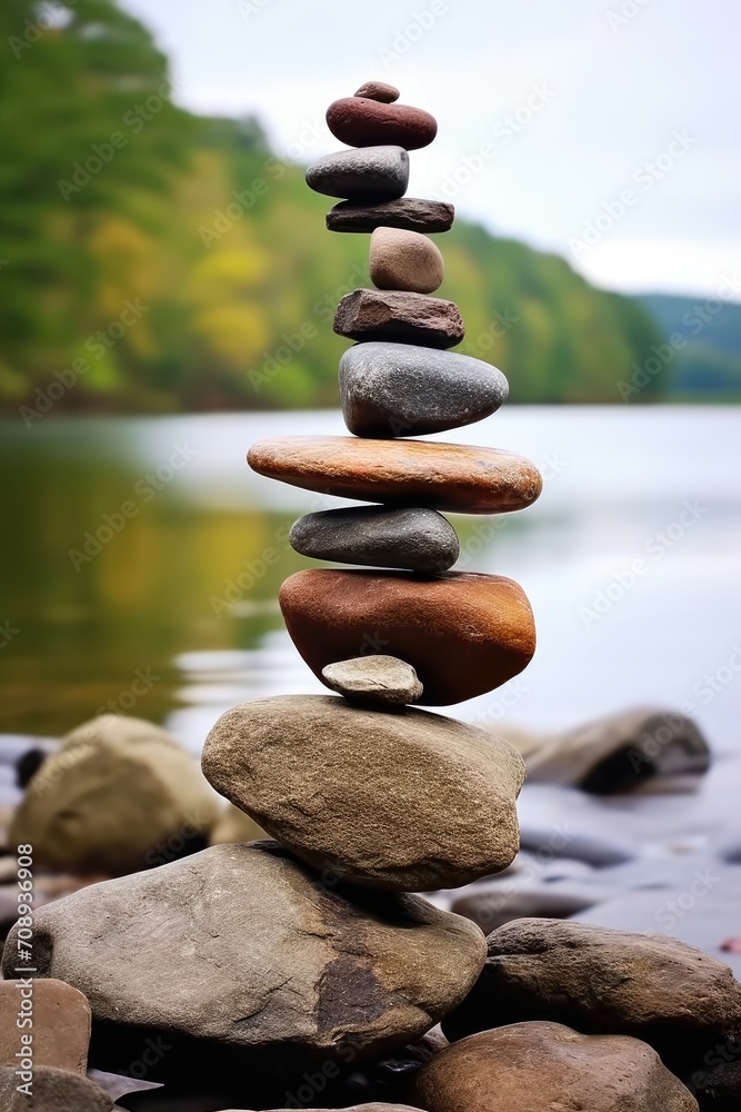 Balanced pile of stones on a riverbank rock, a serene and harmonious natural arrangement