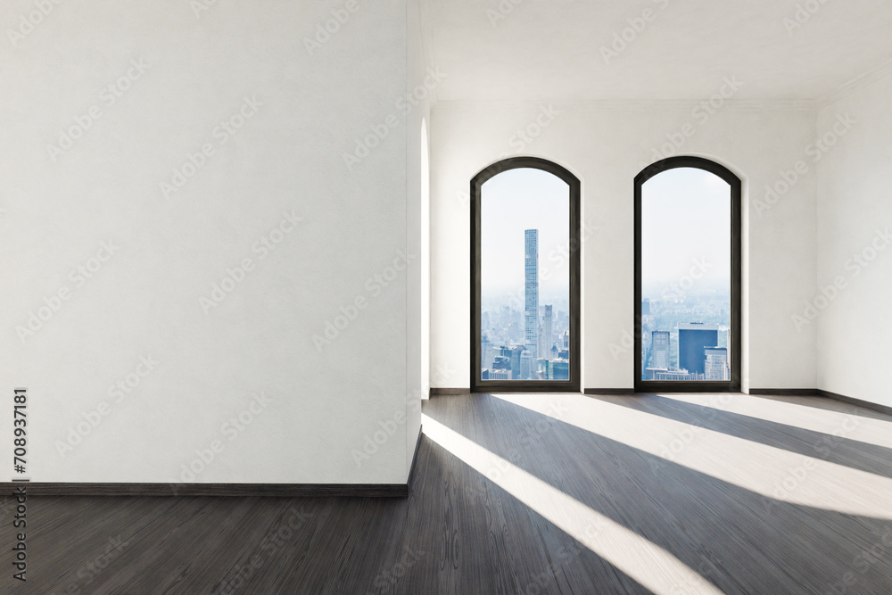Obraz premium frontal view on empty luxurious loft apartment with floor-to-ceiling windows and panoramic view; modern minimalistic interior design; bright daylight; 3D rendering
