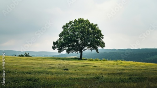  a lone tree sitting on top of a lush green hillside under a cloudy sky in a field of green grass and a lush green hillside with a few trees in the foreground.