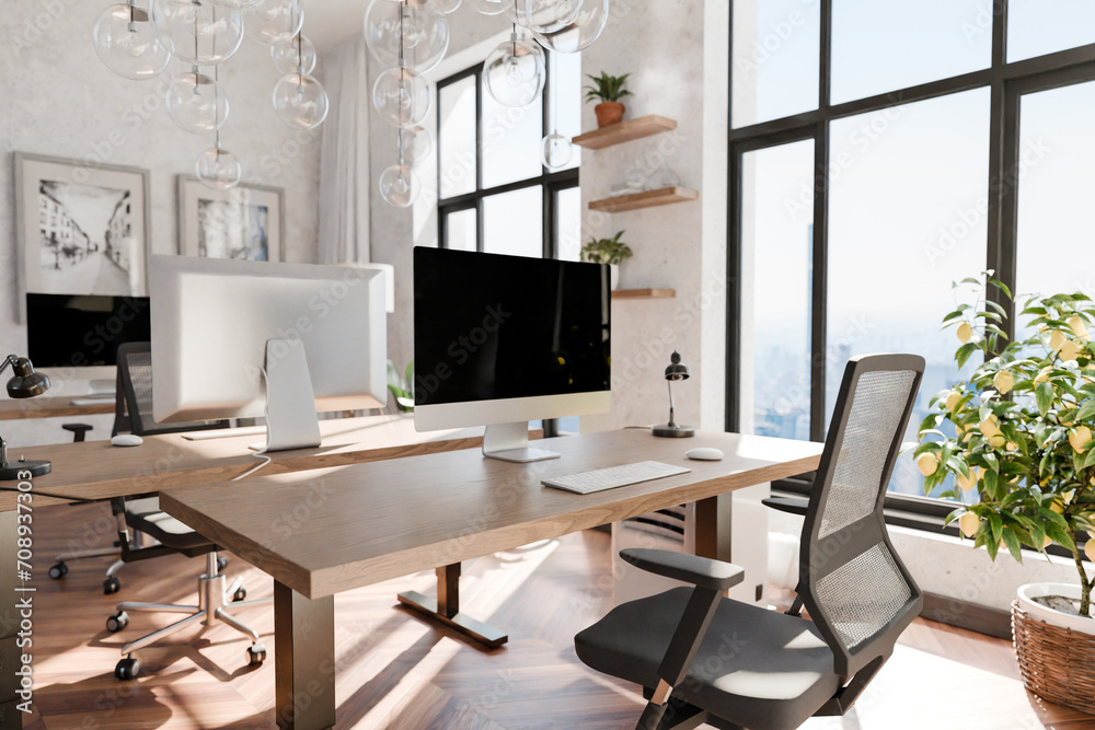 Fototapeta premium luxurious loft apartment with floor-to-ceiling windows and panoramic view; modern minimalistic interior design of workspace home office area; bright daylight; 3D rendering