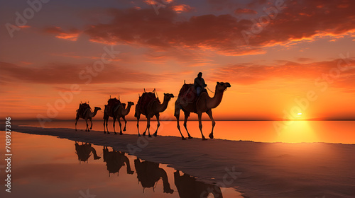 Fotografia Silhuette of Drover leading a caravan of camels on the salt lake at sunrise