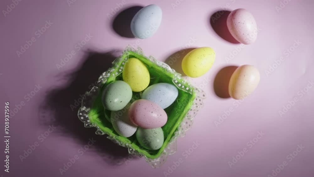 Easter egg basket, spring pink background, DIY decor for the holiday Easter egg basket, spring pink background, DIY decor for the holiday