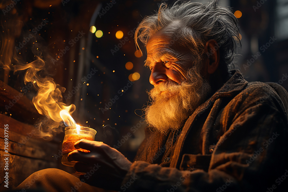 An elderly man enjoying a quiet moment by a fireplace, his face lit by the warm glow, and his eyes reflecting the tranquility and happiness found in the company of solitude.