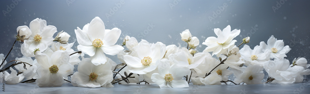 White blossoms are seen on a pristine white surface with mirrors, in the style of photographic, white background

