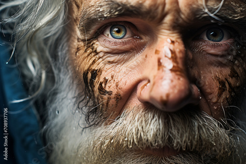 A close-up portrait of a content elderly man  his face adorned with a white beard  and his eyes reflecting the peaceful satisfaction derived from a lifetime.