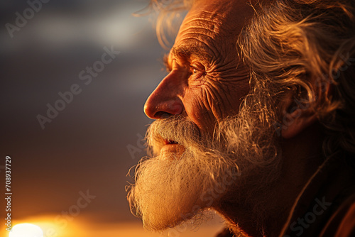 A monochromatic profile of a happy old man, his silhouette against a sunset, capturing the essence of a life well-spent, and the tranquility found in the golden hours of existence.