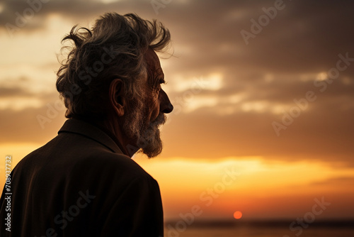 A monochromatic profile of a happy old man, his silhouette against a sunset, capturing the essence of a life well-spent, and the tranquility found in the golden hours of existence. © Daria
