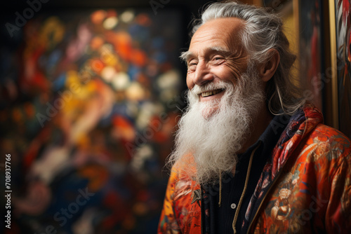 An elderly man surrounded by art and culture, his face a canvas of expression, capturing the happiness derived from a life dedicated to the pursuit of beauty and knowledge.