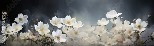White blossoms are seen on a pristine white surface with mirrors, in the style of photographic, white background