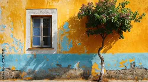  a tree in front of a blue and yellow wall with a window and a small tree in front of a blue and yellow wall with a tree in front of a window.