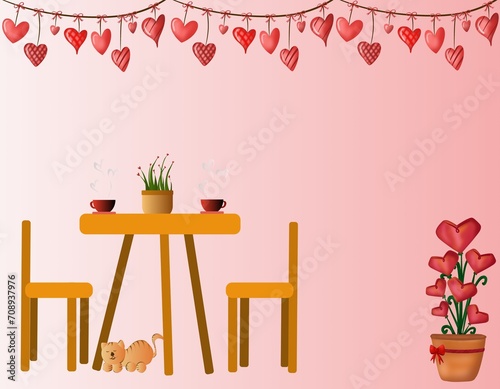 Heart pattern background white table set with two chairs and coffee 