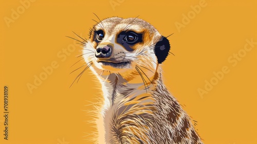  a close up of a meerkat on a yellow background with a black spot on it's left eye and a black spot on the right side of the meerkat.