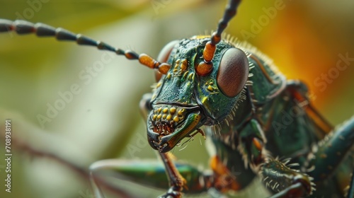  a close up of a grasshopper insect on a twig with a blurry background of leaves and a blurry background to the foreground of the image. © Olga