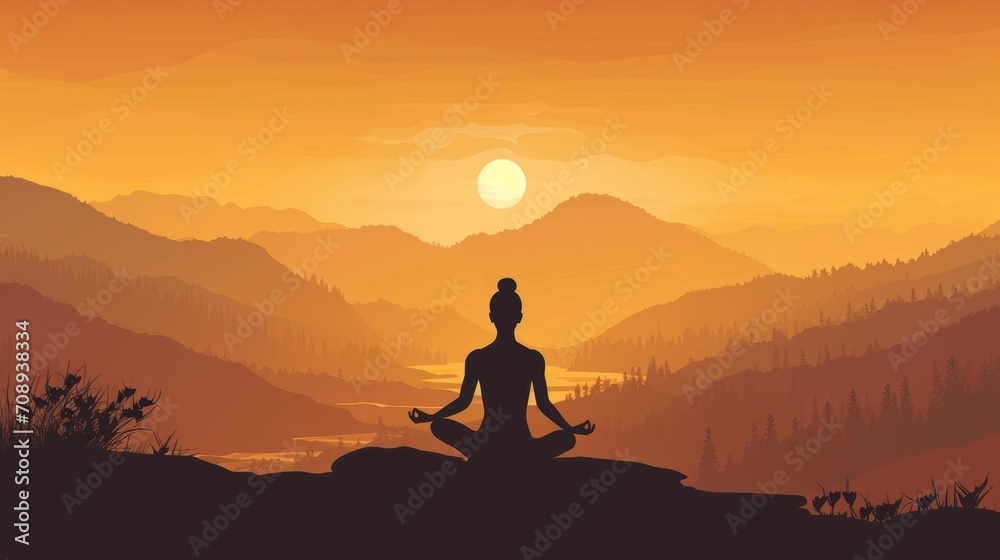  a silhouette of a person sitting in a yoga position in front of a mountain range with a sunset in the background and a river running through the valley in the foreground.